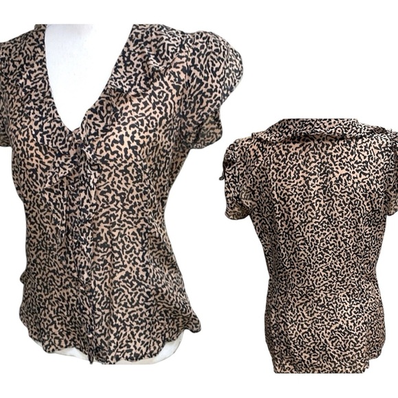Banana Republic Leopard Silk Blend Top Ruffled Button Up Tulip Flutter Sleeves - Picture 1 of 10